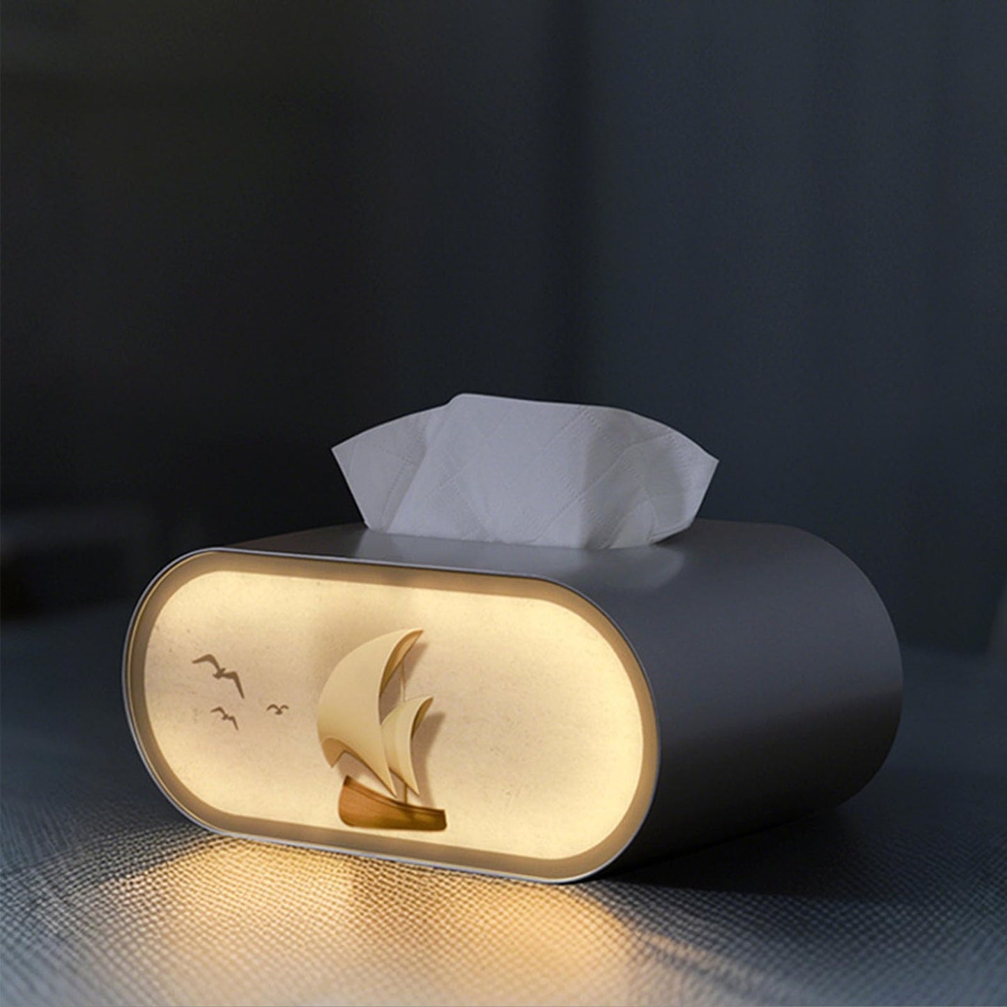 LED Tissue Box Cover,Modern Artistic Large Opening Pop-up Tissue Box Holder with Night Light,Rechargeable Oval Tabletop Napkin Box, Creative Facial Tissue Box for Bedroom,Desk,Dressing Table