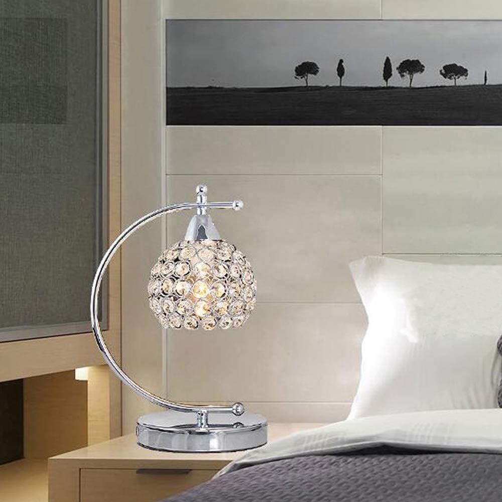 Onerbuy Modern Crystal Table Lamp Plug in Bedside Lamp Chrome Silver Nightstand Desk Lamp E27 with On/Off Switch in Line for Bedroom, Living Room, Office, Dining Room, Hotel(CrystalTableLamp)