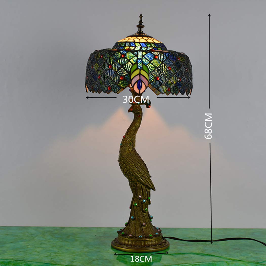 errzom Peacock Table Lamp Tiffany Table Light Fixtures Desktop Lamp with Retro Resin Peacock Base Stained Glass Peacock Shade for Living Room Bedroom Computer Desk Decoration Lights