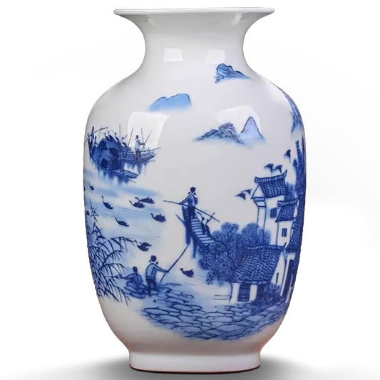 MTME Porcelain Figurines, Jingdezhen Decorative Flower vase, Home Decor, Wedding Gifts, Aesthetic Sculpture Home décor (Scenery Blue)