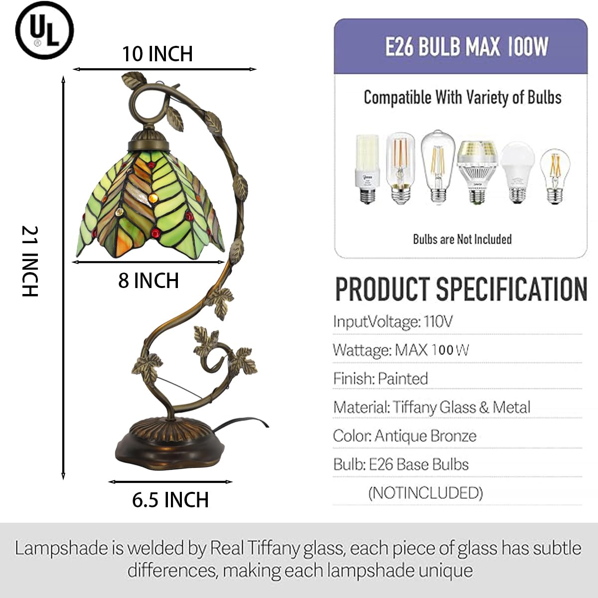 LXHCYOU Tiffany Table Lamp, Stained Glass Desk Light, 8X10X21 Inches, Metal Leaf Base (Brown Green Leaf)