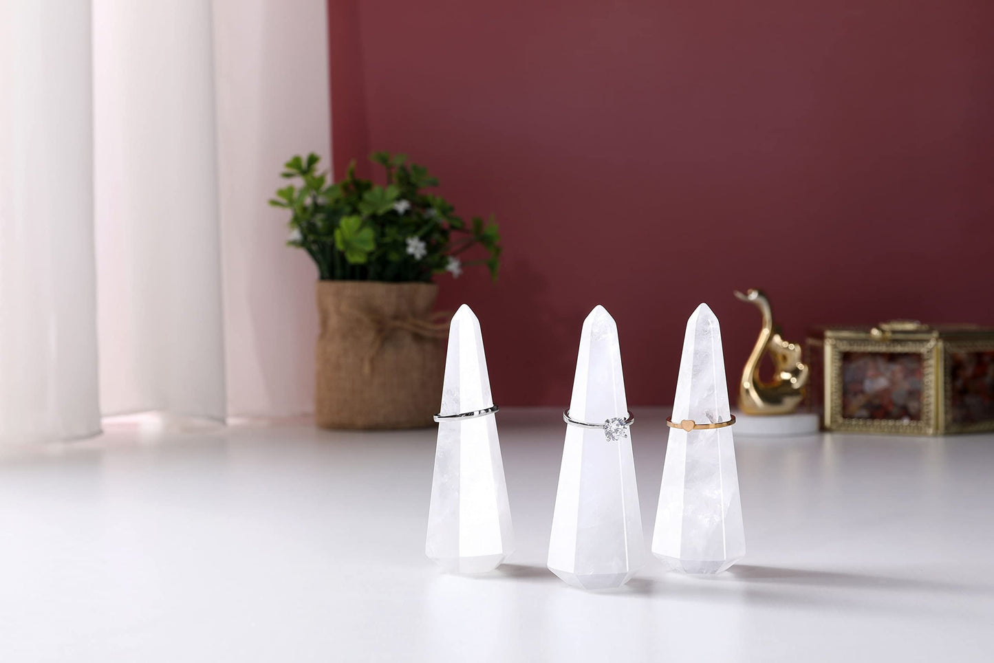 Jovivi Crystal Ring Holder Tower - Natural Clear Quartz Stone Jewelry Display Stand - Hexagon Prism Shaped Decorative Wedding Storage for Finger Rings