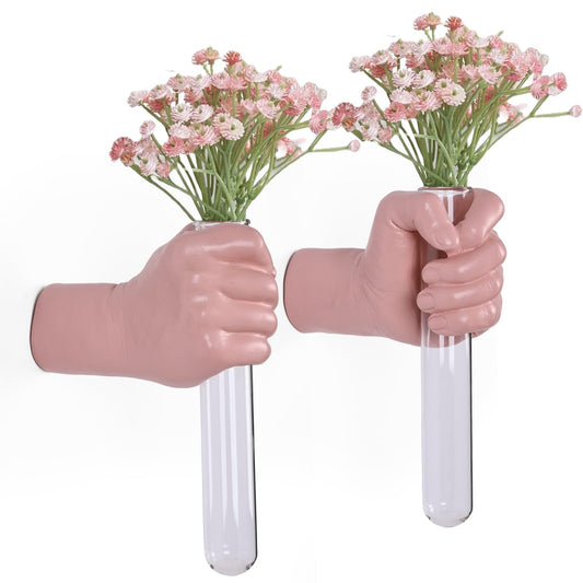 2 Pieces Wall Sculptures, Hands Vase Home Decor, Wall Mount Art Sculpture, Unique Wall Art Statue, Funky Flower Vase Decorations, Modern Eclectic Hanging Decor,Hands Statue (Pink(L+R))