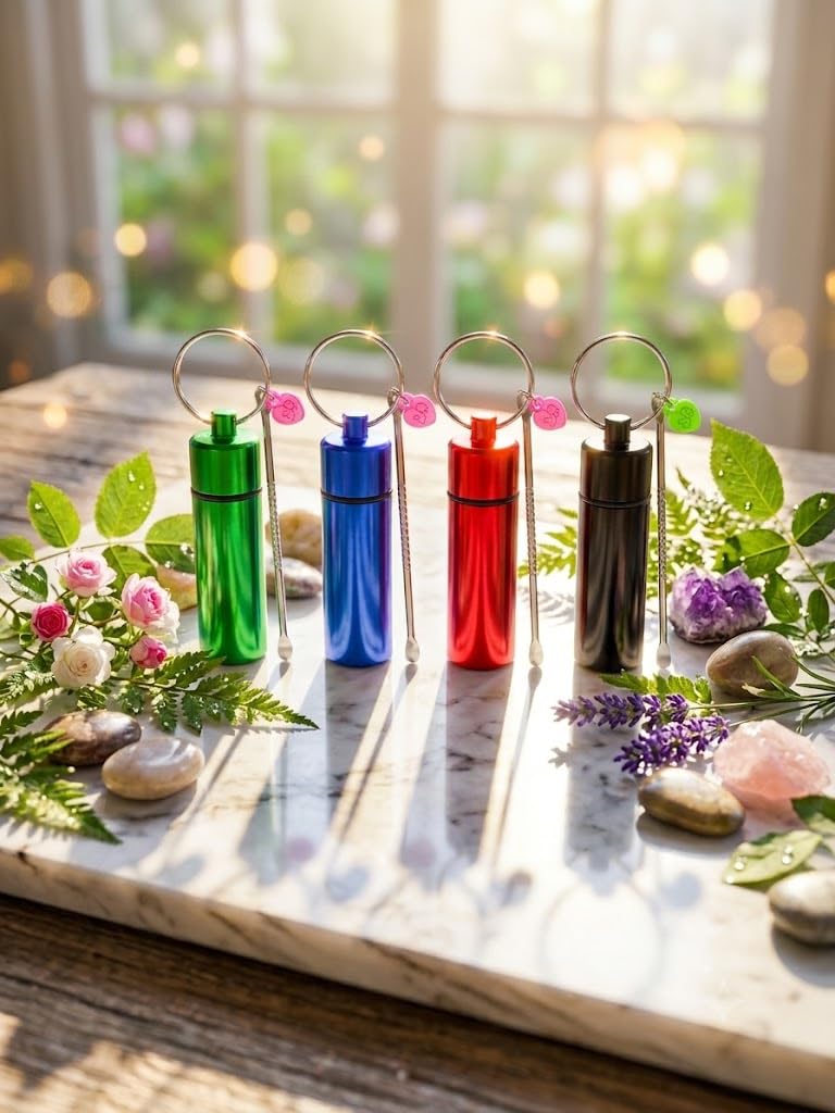 4-Pack Mini Travel Spice Containers with Spoon Keychain, Leakproof Metal Jars with Carabiner for Camping, Outdoor & Daily Use (4)