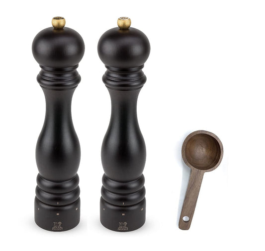 Peugeot Paris u'Select 6 Setting Manual beechwood Salt & Pepper Mill Set With Wooden Spice Scoop Made In France (Chocolate, 10.75- Inch)