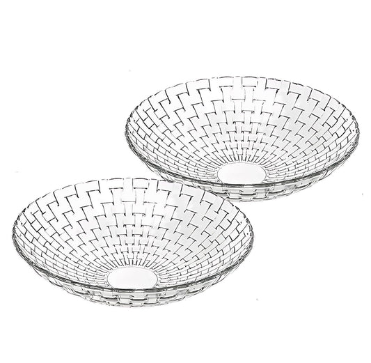 LARYVIN Woven Clear Glass Fruit Bowls Set of 2. Decoration Old Fashioned Glass Plates. 10 inch Large Salad Bowls. Suitable for Fruit, Dessert, Candy, Snack & More.