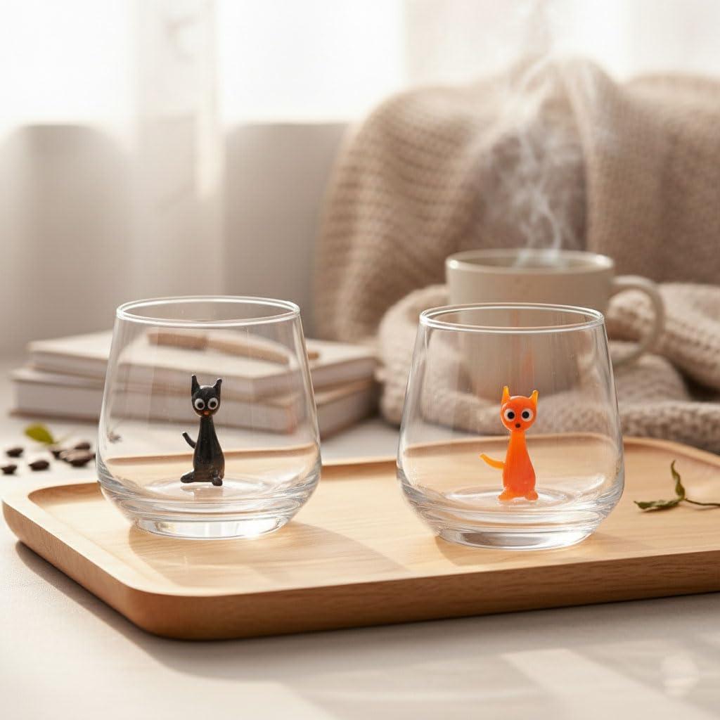 HeguSun 3D Drinking Glass Cup with Handmade Glass Cat Figurines Inside, Stemless Glass for Water,Wine,Milk,Beverages, Easter, Christmas, Birthday Gift (Cats)
