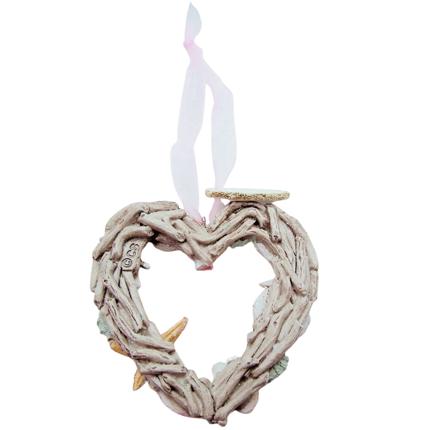 Heart Shaped Seashell and Driftwood Christmas Ornament, Nautical Theme, Holiday Decor, 3.25 Inches Tall