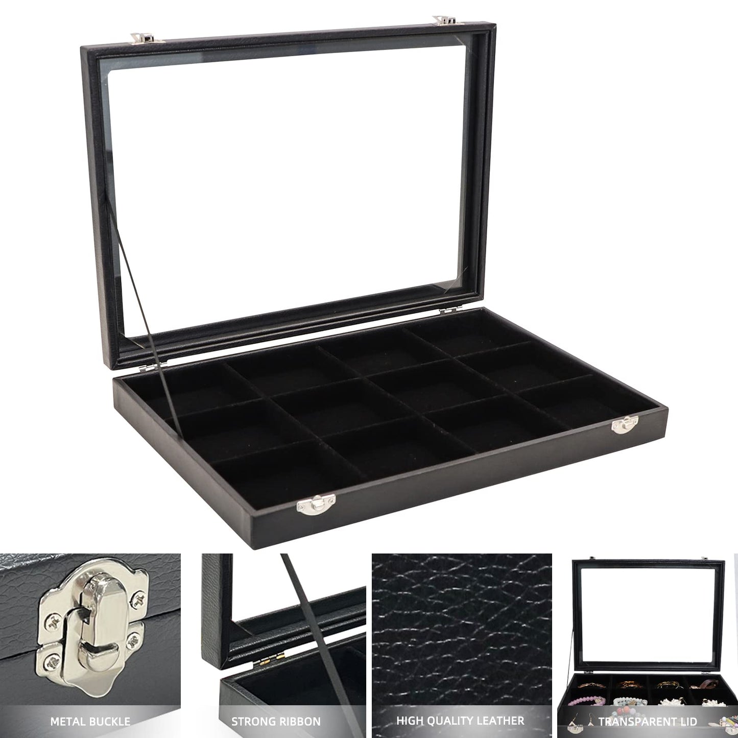 Wudygirl Jewelry Tray 12 Grid Jewelry Organizer with Clear Lid Bracelet Holder Organizer Display Case Removable, Black Velvet (12 Grid)