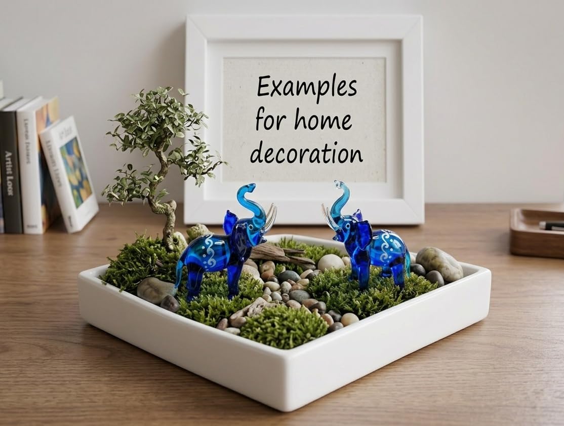 Handmade Mini 2.25" Blue Elephant Figures with Thai Art Blown Glass Art, Collectible Figurines Gift Ideas, Miniature Wild Animals, Tiny Ornament Cool Stuff Decor No.8