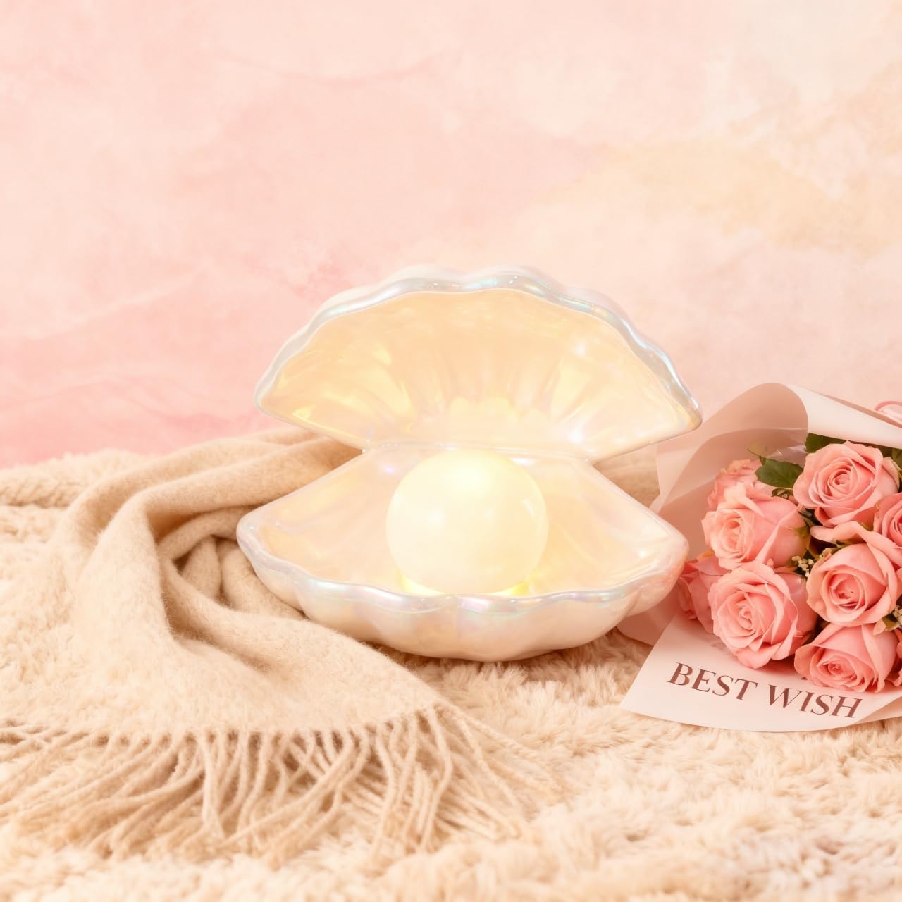 IMIKEYA Ceramic Shell Pearl Light, White LED Clam with Pearl Light in Shell Lamp for Tabletop Decoration, Souvenir, Birthday Gift