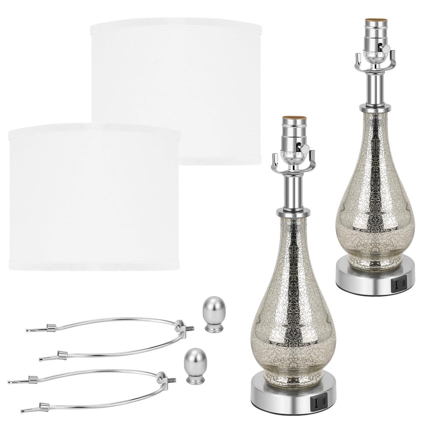 TPAMSWO Glass Table Lamps Set of 2, Modern 23.5” High Hand-Applied Silver Mercury Glass Bedside Lamps, for Bedroom Living Room Home Nightstand Table Lamp(with USB C+A 5V 2.1A Charging Ports)