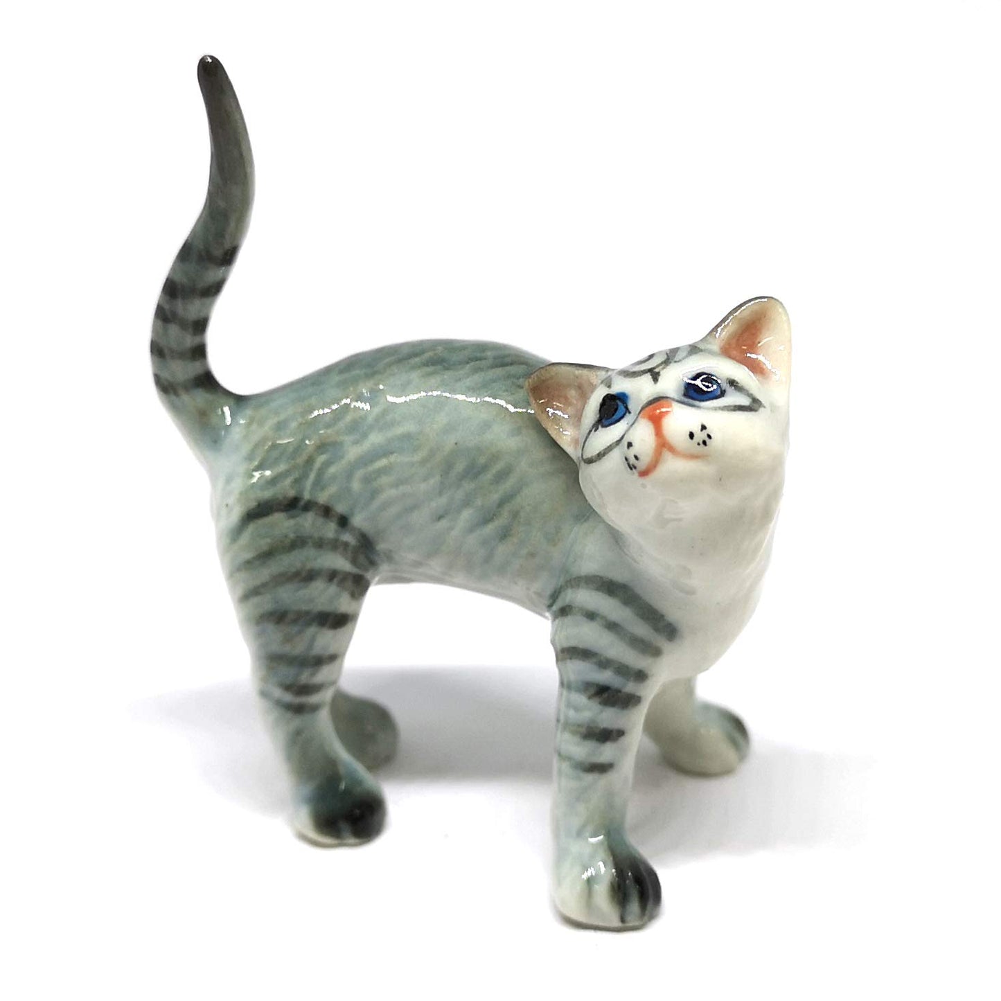 ZOOCRAFT Ceramic Cat Figurine Miniatures Stretching Gray Pet Lovers Collectibles Hand Painted Animal Poecelain