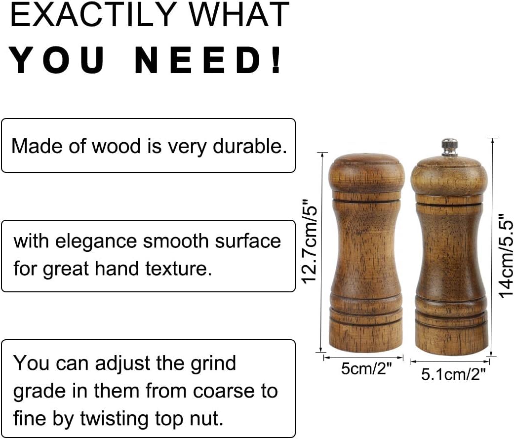 Pepper Grinder and Salt Shaker Set 5.5 Inch Wooden Pepper Mills Shaker with Adjustable Coarseness for Seasoning Meal Prep Cooking Dining