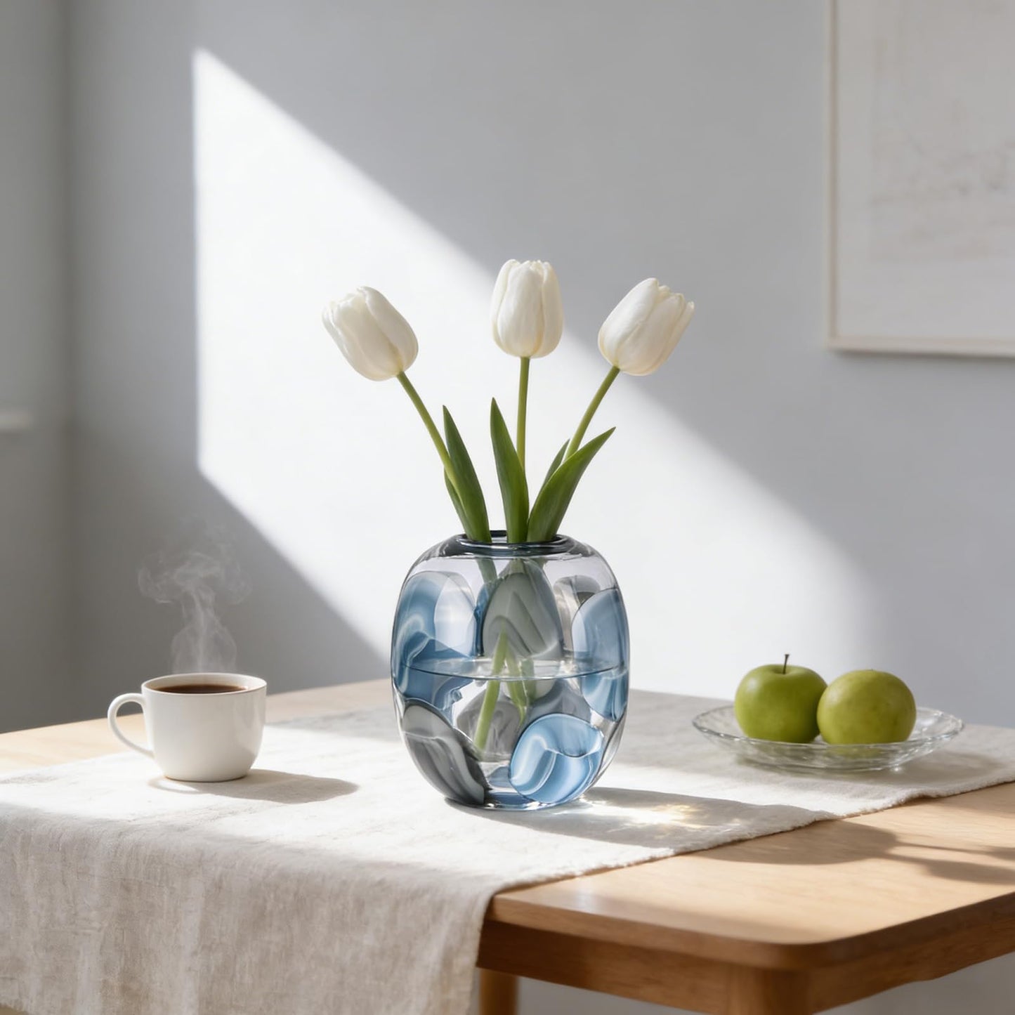 oliruim 8.4" H - Hand Blown Blue Glass Vase, Wide Mouth Round Vase for Flowers, Beautiful Modern Coastal Decor for Home Living Room Bedroom Tabletop Centerpiece (Small)