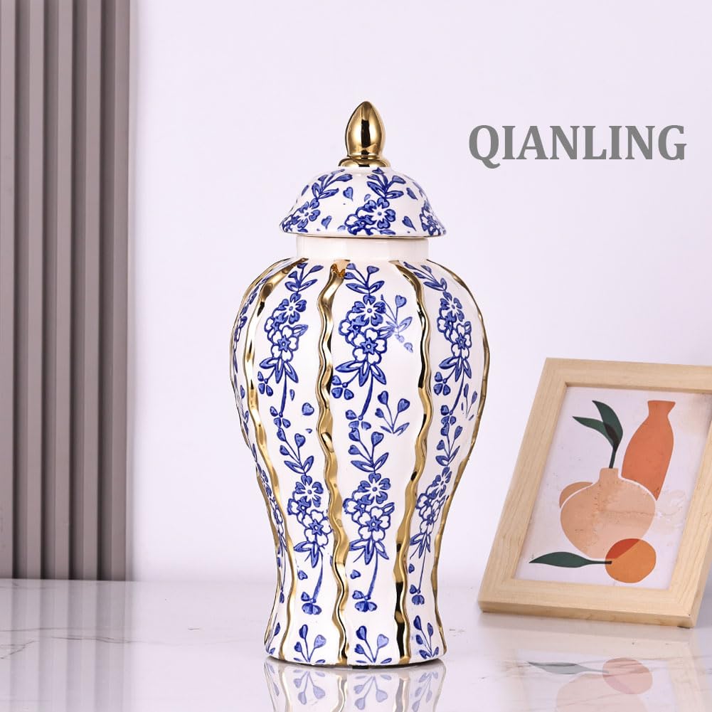 White and Gold Blue Luxury Ceramic Ginger Jar Vase with Lid - Modern Geometry Decorative Vase for Home Decor, Living Room, Kitchen, Dining Table, Cabinet Decor