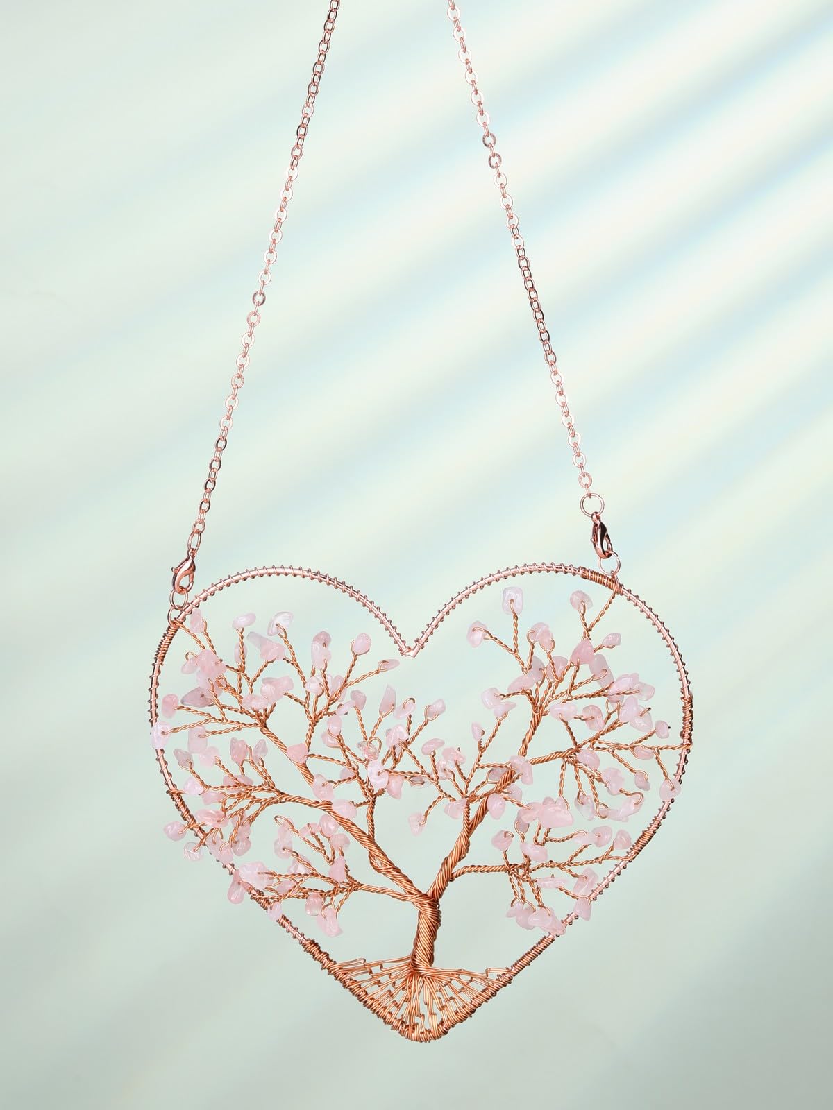 Jovivi Rose Quartz Heart Crystal Tree Hanging