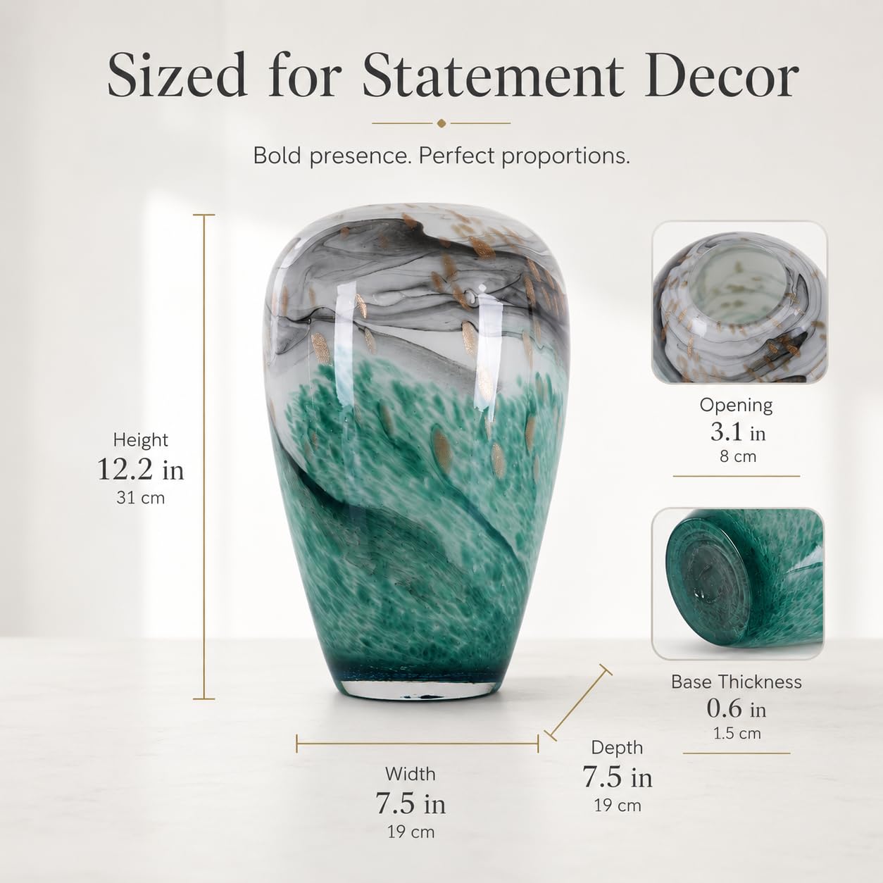 Hand Blown Glass Vase,Green Black Ink Wash Landscape Centerpiece,New Chinese Luxury Home Accent,Pampas Grass Centerpiece, Minimalist Decorative Vase for Dining Table Kitchen Tabletop (Green, Small)