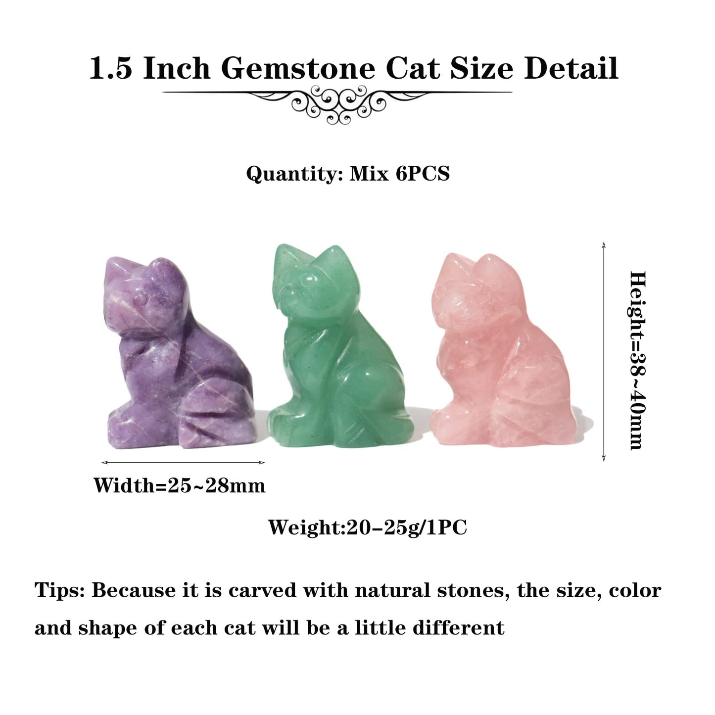 Wemeki Gemstone Cat Figurine Mix 6PCS, Crystal Sitting Kitten Healing Carved Lucky Animal Carving for Home Decor 1.5''