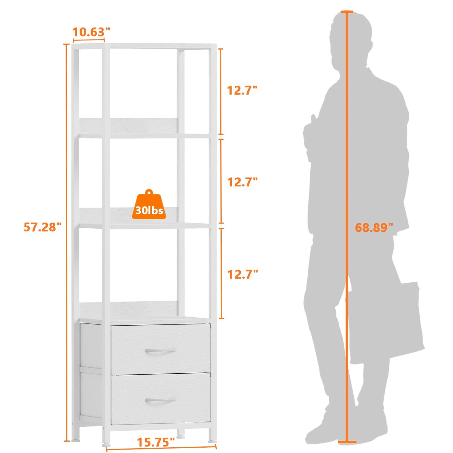 Furnulem 4-Tier Corner Shelf, Bookshelf with 2 Storage Drawers, 57.28”Tall Narrow Bookcase, Standing Shelf Organizer Unit for Living Room, Bedroom, Metal Frame, Wood Display Shelf