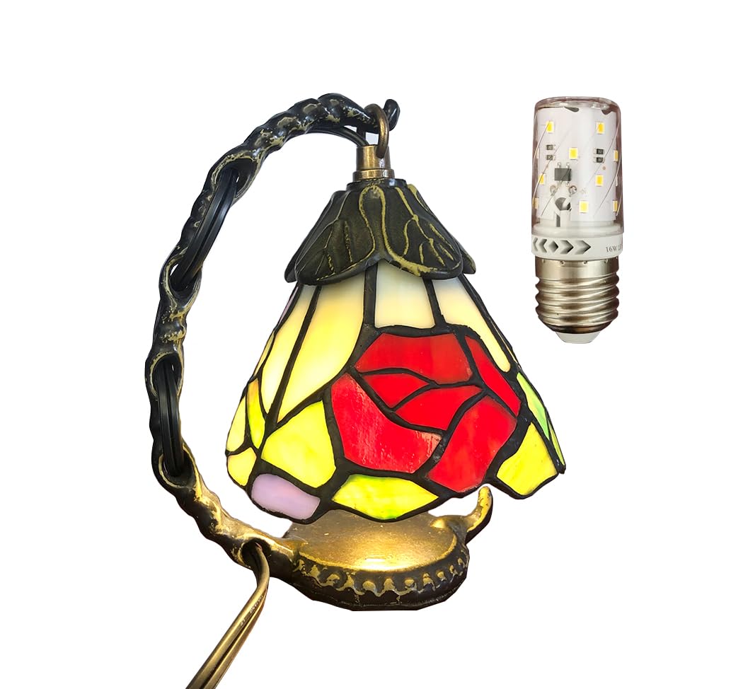 HUIMEIJU Tiffany Glass Table Lamp, Rose Pattern Night Lamp, Study Small Table Lamp, Wake Up Lamp