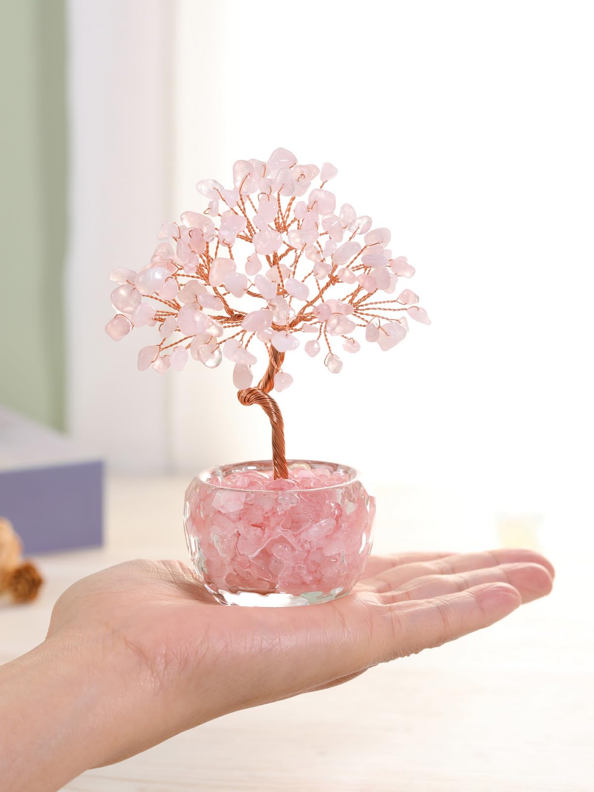 MANIFO Rose Quartz Crystal Tree Crystals Stones Tree with Glass Base Gemstone Tree for Positive Energy Office Decor Fengshui Tree Gift