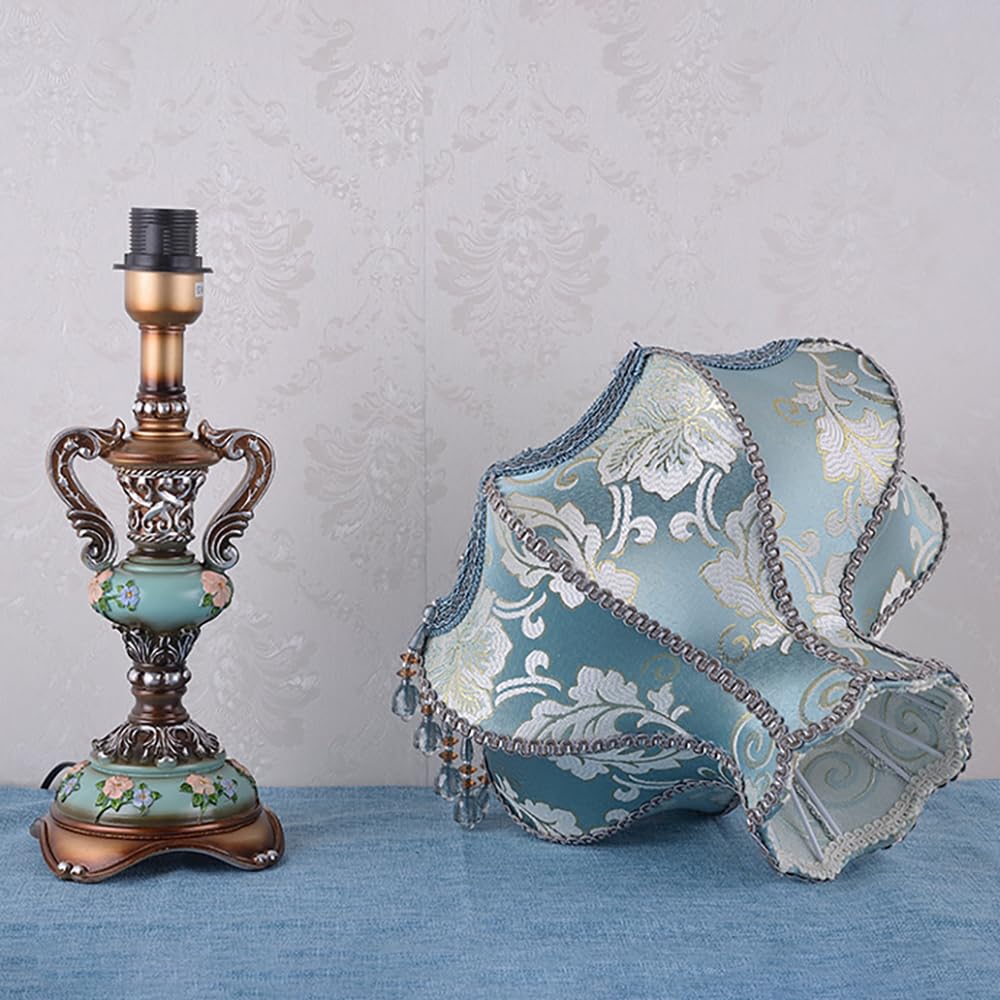 Aeyee Lovely Table Lamp with Fabric Lampshade, Antique Flower Decorative Bedside Desk Lamp, Crystal Night Light for Bedroom Nightstand, Blue Finish