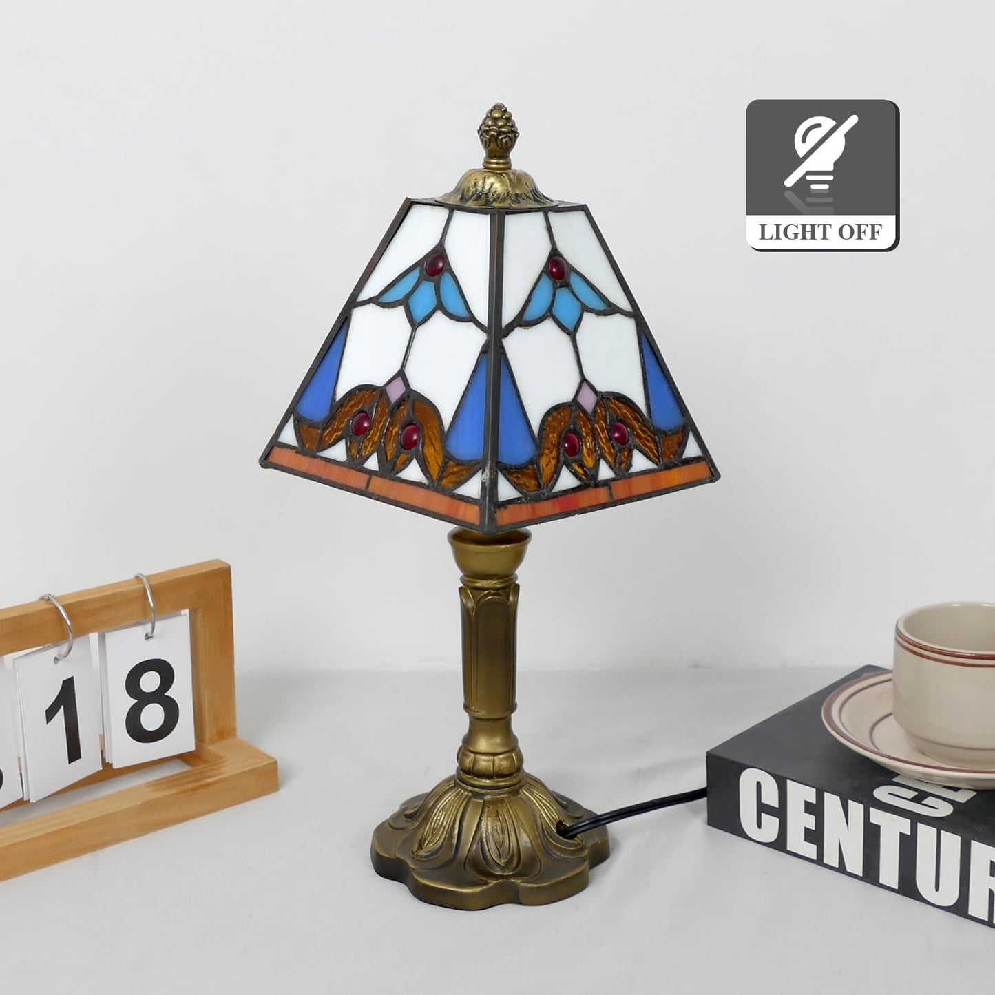 VirtueKing Tiffany Lamp 6" Wide Small Square Baroque Style Stained Glass Table Lamp Desk Reading Light, Bedside Table Lamp Decor for Small Space Bedroom Home Office