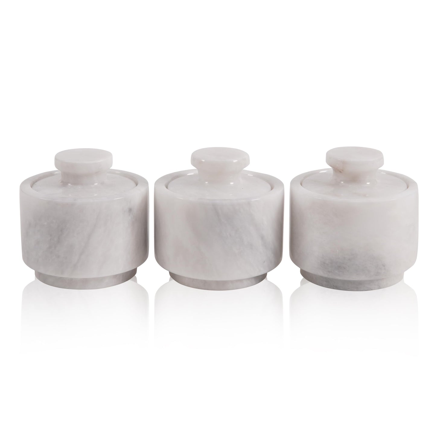 EARTHENTONES Marble Salt Cellar 3 Inch Set of 3, White Spice Storage Jars with Lid, Tea Coffee Sugar Canister Set, Maldon Sea Salt Flakes & Celtic Salt Holder, Stylish Luxury Countertop Gift for Home