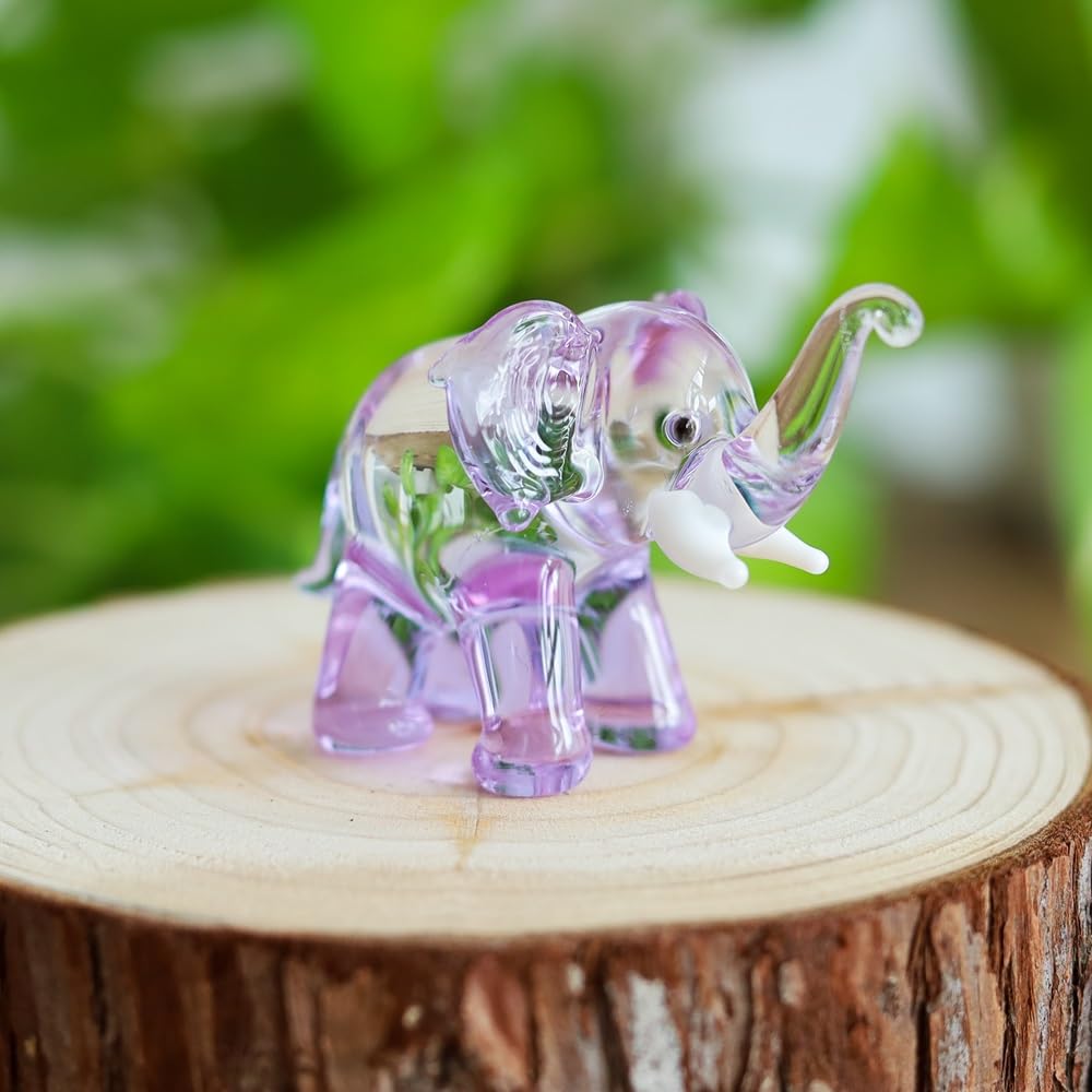 M Audomsak Hand-Blown Purple & Clear Art Glass Elephant Figurine – Handmade Mini Collectible, Symbol of Wisdom & Good Fortune, Unique Birthday, Home Decor & Thai Souvenir