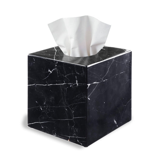 HAMAKAWA Natural Marble Tissue Box Cover, Black Tissue Organizer 6 x 6 x 5.7 inch, Heavy Stone Decorative Box, Square Tissue Box Holder for Home Decor, Kitchen, Bathroom, Bedroom