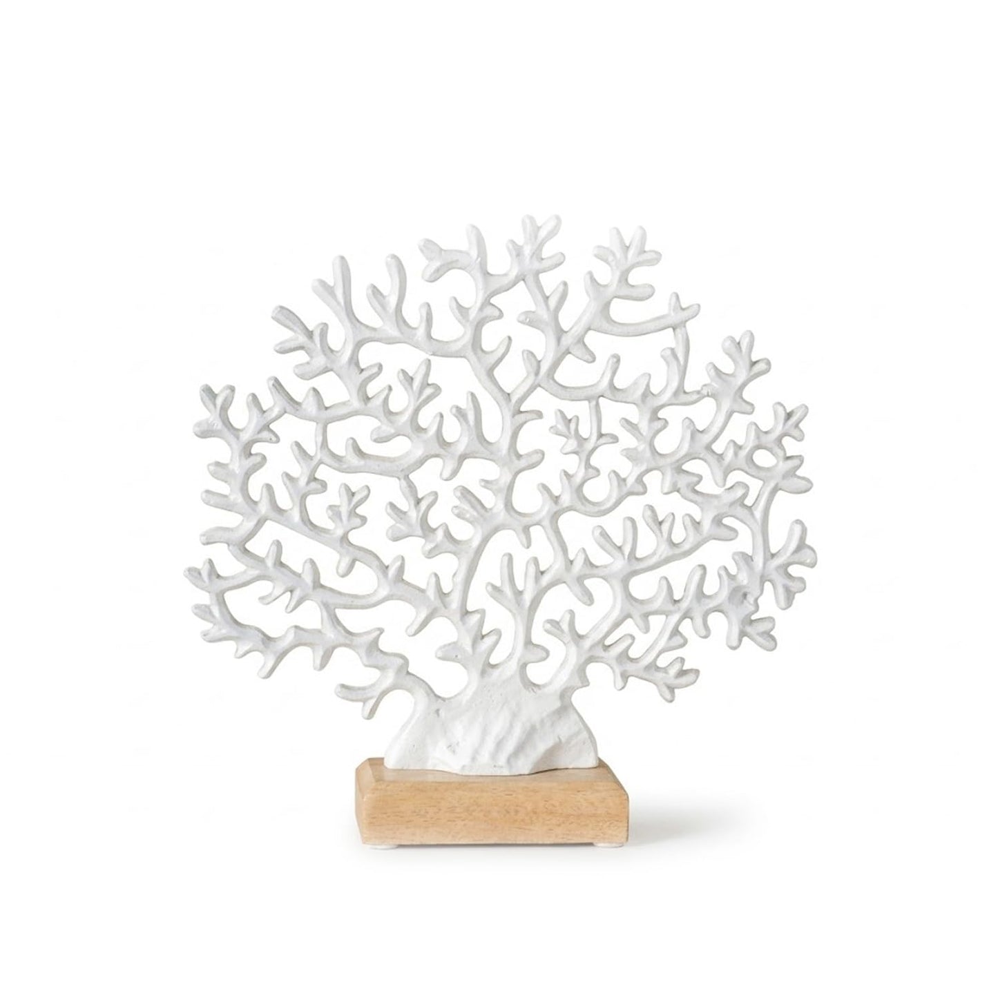 Elanze Designs Coral Tabletop Decor Accent, White Aluminum Coastal Sculpture with Natural Wood Base, Nautical Beach Home Decor, Decorative 9.75 Inch Figurine