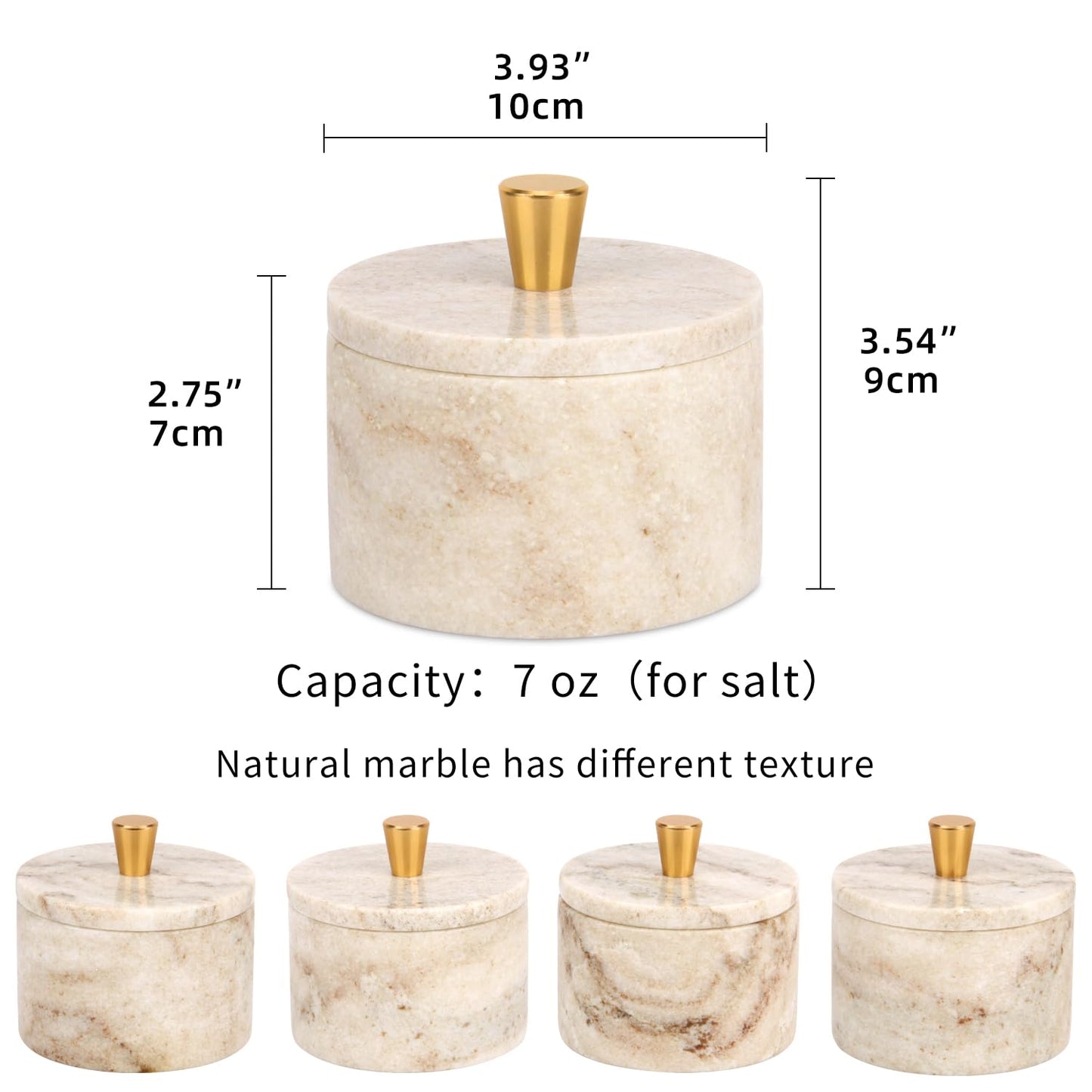 Stonemanus Marble Salt Cellar with Lid, 4 inch Natural Stone Salt Pepper Box, Alloy Lid for Kitchen Countertop Storage (Viva jade, 4 * 3.5)