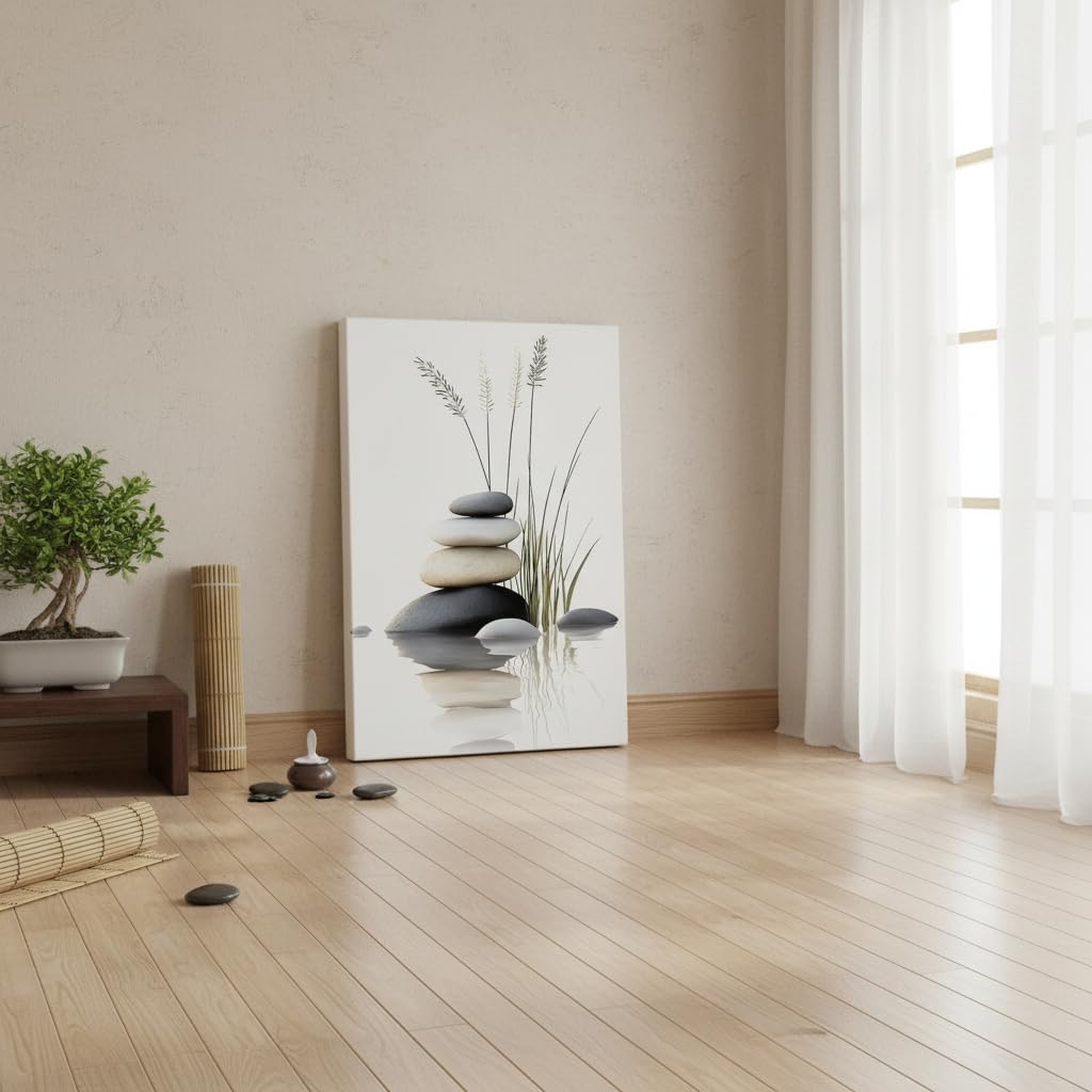 Zen Stone Canvas Wall Art Stacked Stones in Water with Grasses Painting Picture Wall Decor Poster Print Suitable for Yoga Meditation Room Bathroom Bedroom Study Home Decoration