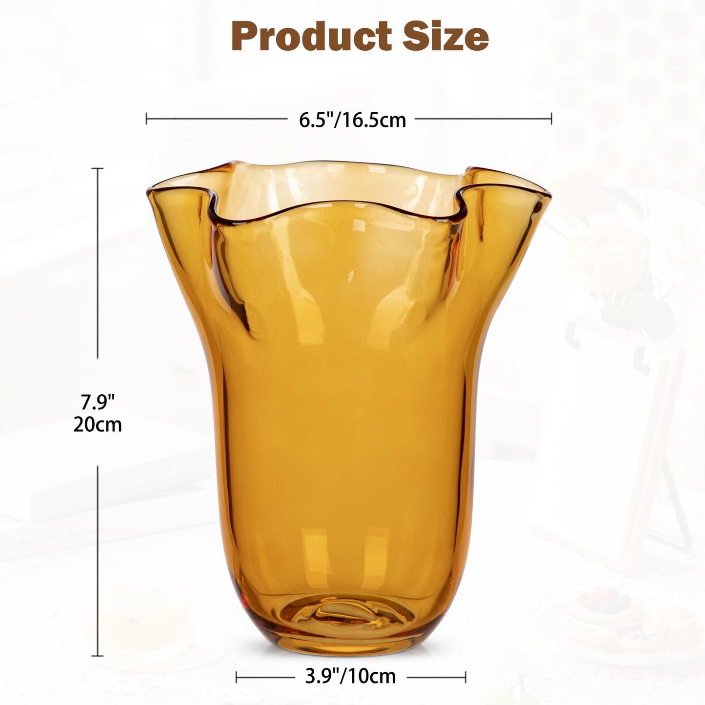 Nature Crafted 8 inch Amber Glass Vases Clear Flower Vases for Centerpiece, Large Crystal Vases for Flowers Wide Mouth Vase for Home Office Living Room Shelf Wedding Decor (Amber)