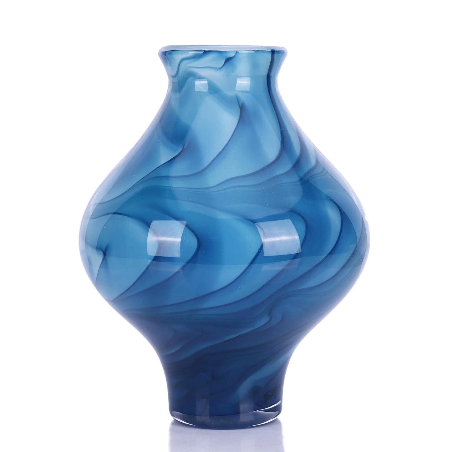9.45" H Blue Glass Vase, Hand Blown Glass Vase with Marble Veins, 3.15in Wide Mouth Curved Hourglass Vase, Table Vase for Living Room Table Bookshelf, Bathroom Office Shelf Blown Glass Decor