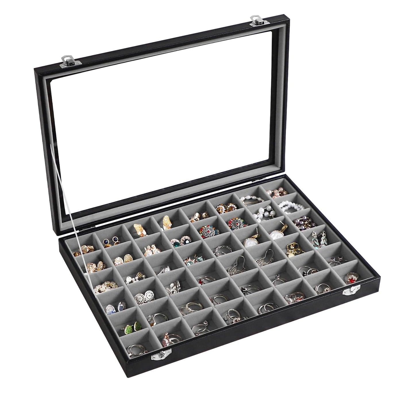Stratalife Jewelry Organizer 48 Grid Jewelry Tray with Clear Lid Dust-proof Velvet Earring Organizer Necklace Rings Holder Display Drawer Storage Case for Women Gray Black
