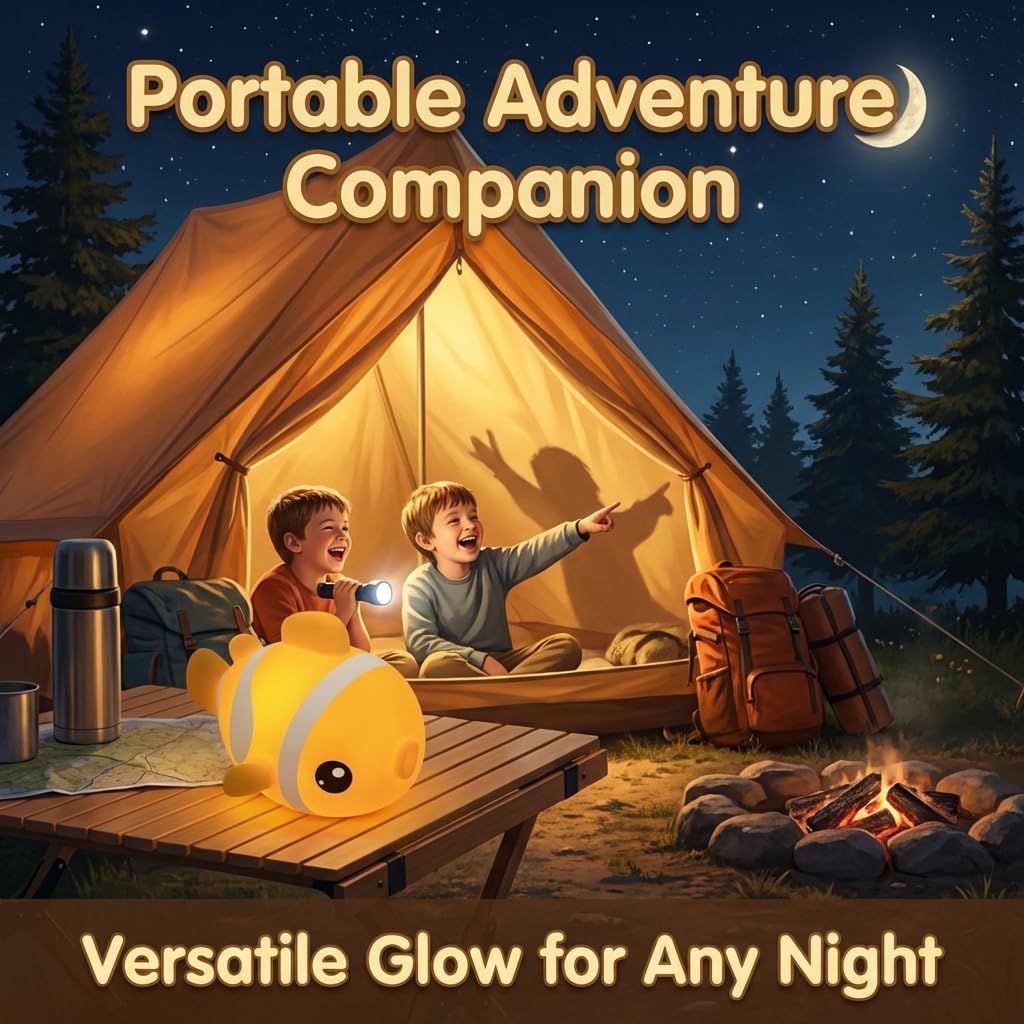 AVACOM Night Light for Kids Toddler Nursery - Cute Clownfish Squishy Silicone Baby Lamp for Bedtime Breastfeeding, Rechargeable Portable Touch Pat Nightlight with 3 Brightness & 30-Min Auto-Off Timer