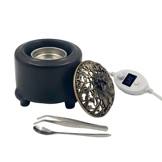 Ceramic Electric Incense Burner & Fragrance Warmer with Adjustable Temperature Timer – Enclosed Design for Better Heat Retention, Bakhoor, Frankincense & Resin Warmer, Includes Cup, Tong, Spoon (110V)