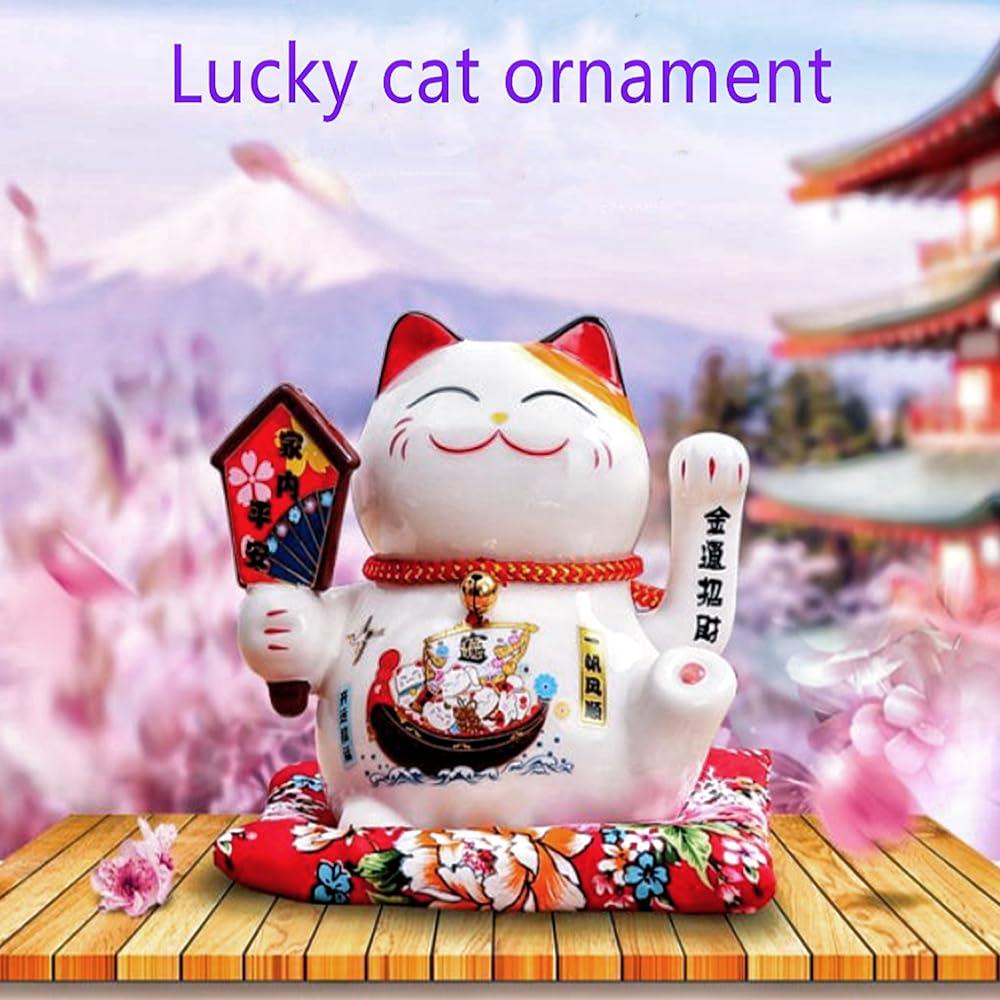 XIYUAN 7 Inch Waving Cat - Ceramic Japanese Lucky Cat, Feng Shui Decorative Desktop Ornament for Home or Office