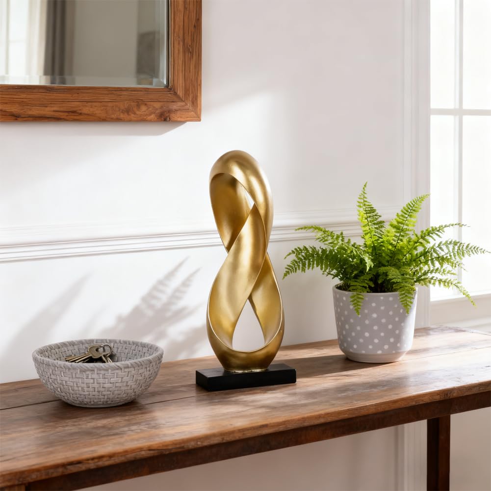 XIYOUQI Large Gold Knot Decor Statue 14.6in Tall, Resin Geometric Tabletop Sculpture for Coffee Table, Gold Statue Decor for Shelves Mantel, Modern Decorative Object Home Accent