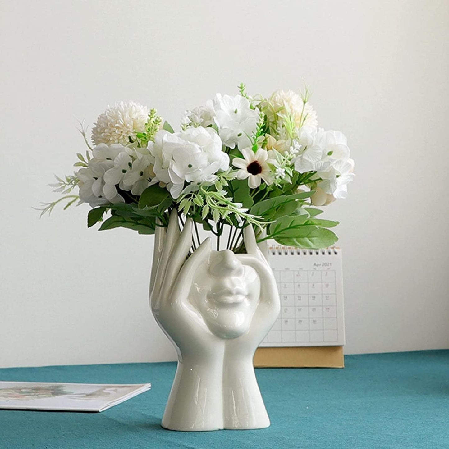 Human Form Body Flower Vase Art Face Ceramic Sculpture Flower Plant Pot Table Centerpieces Wedding Office Kitchen Home Decor (Hand Holding Face)