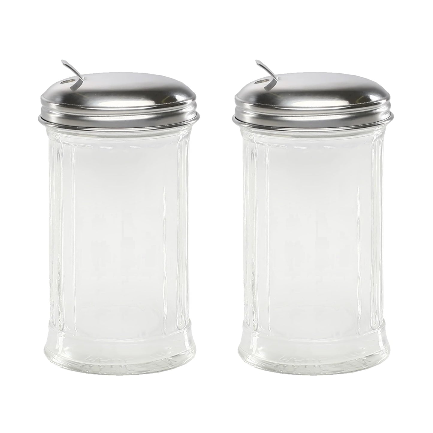 Great Credentials Retro Style Sugar Dispenser Pourer Shaker, Glass Jar with Stainless Steel Flap Lid, 12 oz, Set of 2