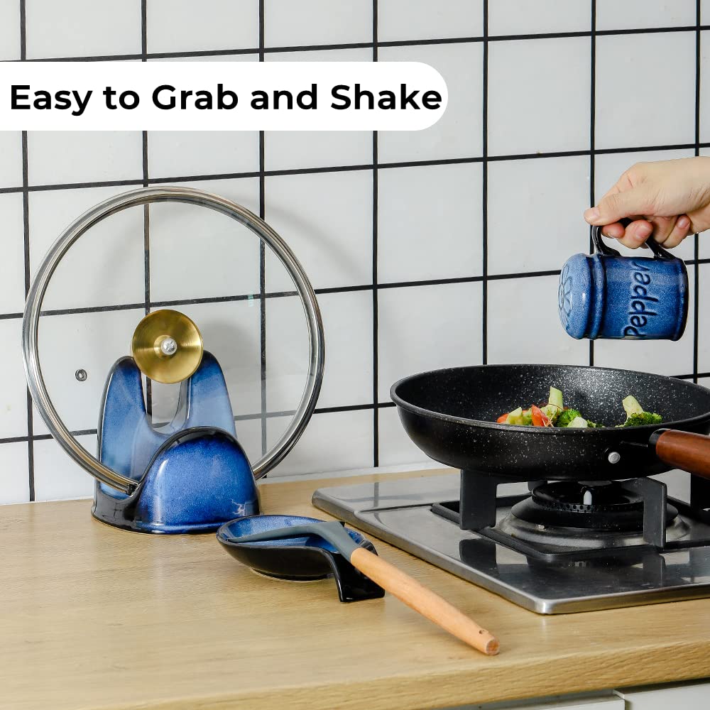 Nihow Ceramic Cute Salt and Pepper Shakers Set: 2.6 Inch Salt and Pepper Set/Sugar Salt Shaker with Handle for Counter -Resist Rusting Seasoning Shaker -Elegant Black & Blue (Set of 2)
