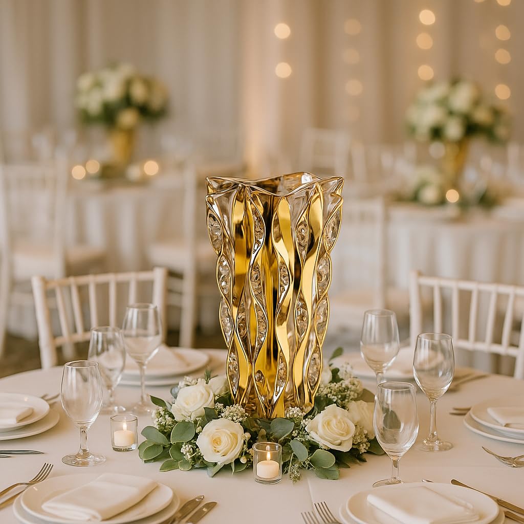 Symphony Crystal Glass Flower Vase | Handmade Luxurious Bohemian Home Decor | European Design | 12" tall Gold