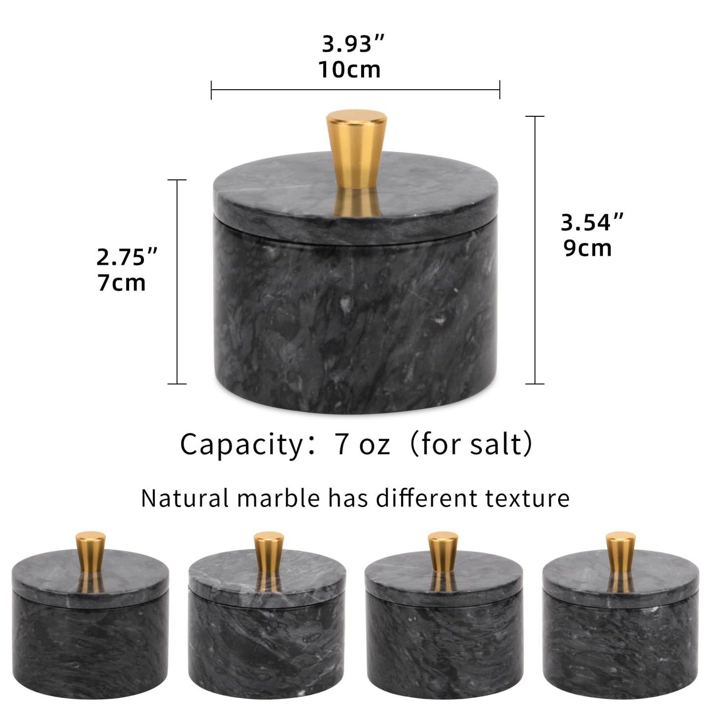 Stonemanus Marble Salt Cellar with Lid, 4 inch Natural Stone Salt Pepper Box, Alloy Lid for Kitchen Countertop Storage (Dark Grey, 4 * 3.5)