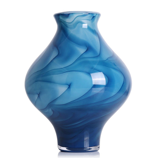 Hand Blown Blue Glass Vase, 9.5" Unique Blue Decor Glass Vases, Modern Hand Blown Glass Vase Decor for Home Living Room, Office, Table centerpieces, Shel, Kitchen, Bathroom Decorative