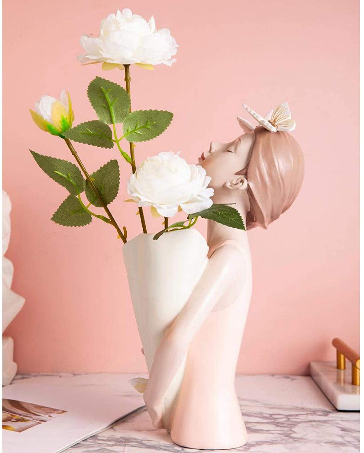 Flower Vase Modern Girl Figurine Plant Pot Flower Arrangement Dry Flower Stem Holder Living Room TV Cabinet Home Decoration Accessories Figurines - Pink 20x15x32cm