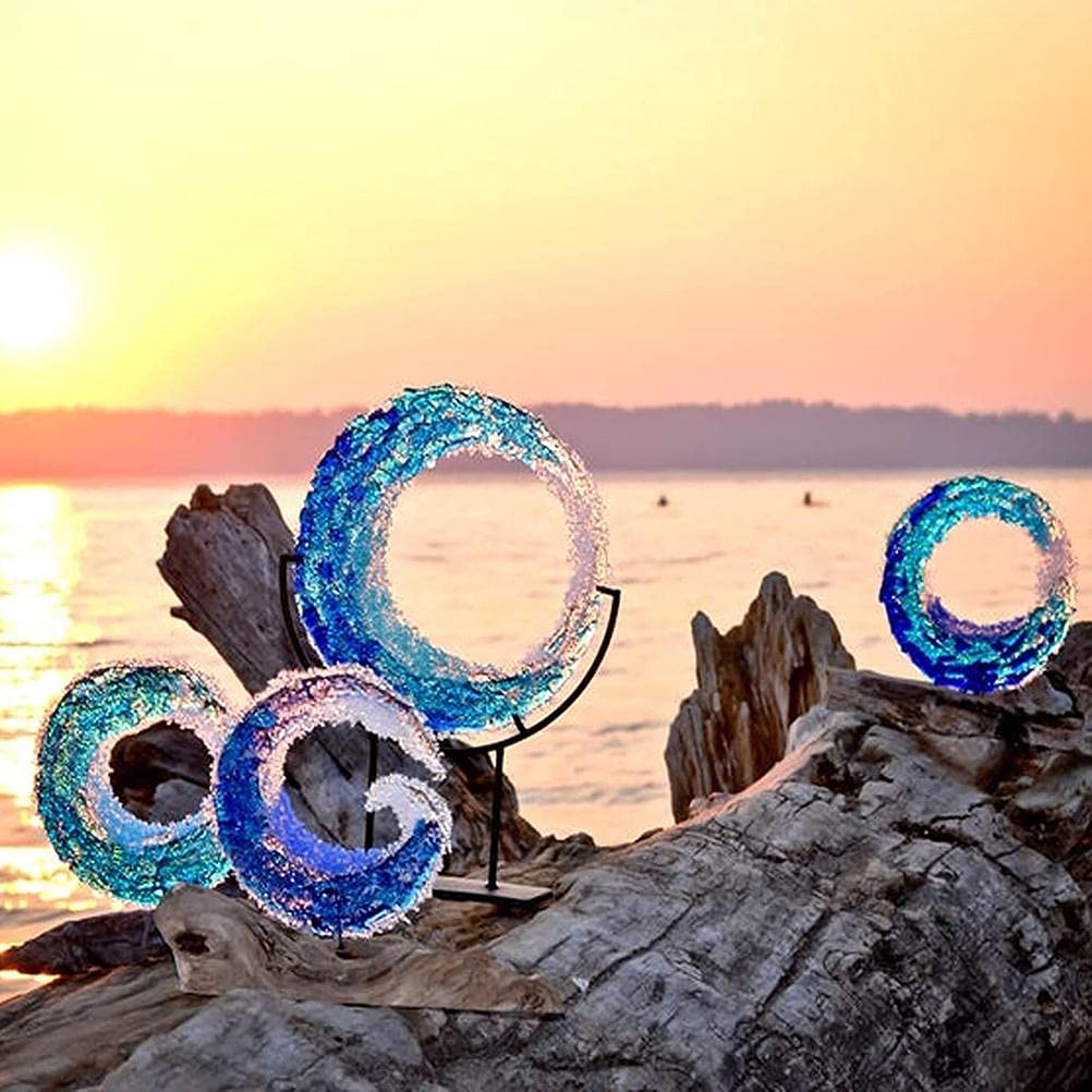 Zerodis Sculpture,Blue Sea Desktop Decoration Ornaments Abstract Art Statue Blown Glass Waves Decor for Office Desk Decor Book Shelf Decor (2)
