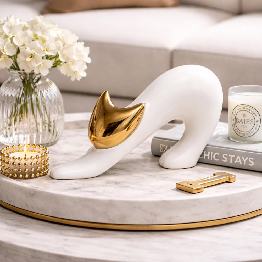 XIYOUQI Cat Statues Home Decor White Ceramic Cat Figurine, Gold Cat Figurine Accent, Modern Cat Sculpture 7.9in, Desk Cat Statue for Office Shelf